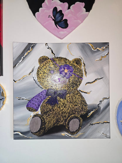 Hand-Painted Pirate Teddy Bear in Flower Eye Patch and Purple Cast