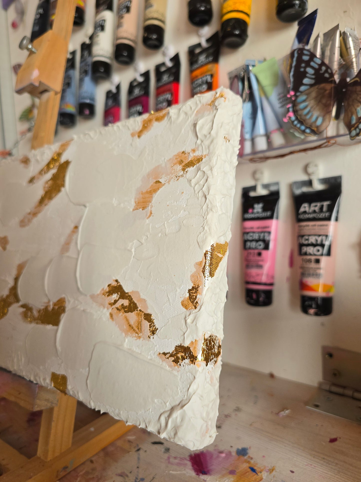 Original minimalistic structured art with gold leafs