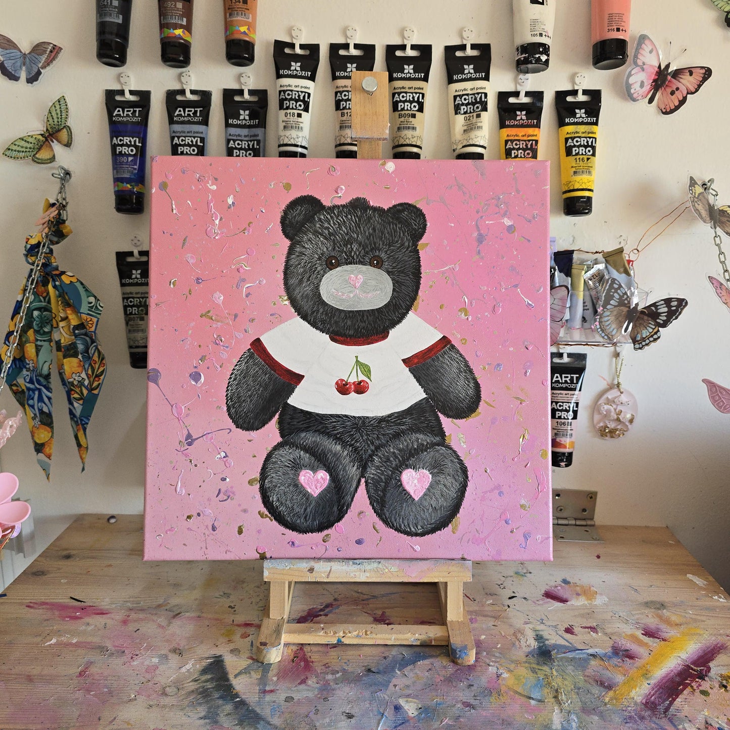 Original black teddy bear painting on pink background