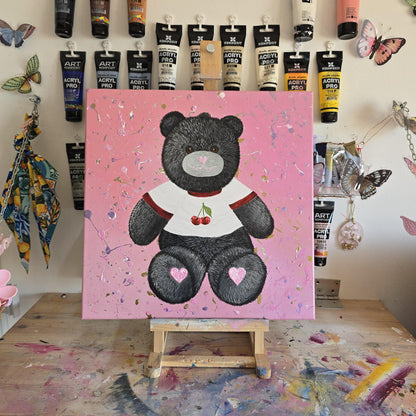 Original black teddy bear painting on pink background