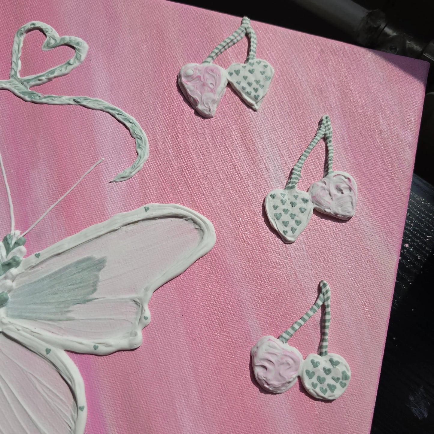 Original Pink Painting with 3D Butterflies and Other Elements