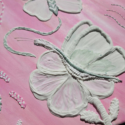 Original Pink Painting with 3D Butterflies and Other Elements