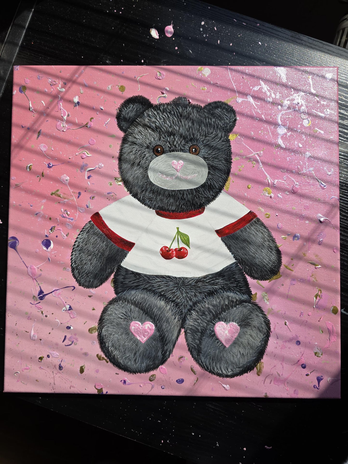 Original black teddy bear painting on pink background