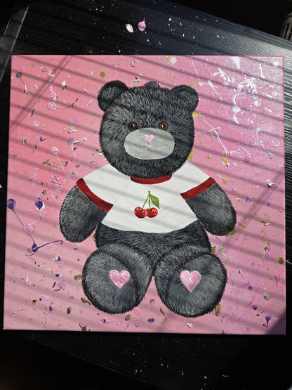 Original black teddy bear painting on pink background