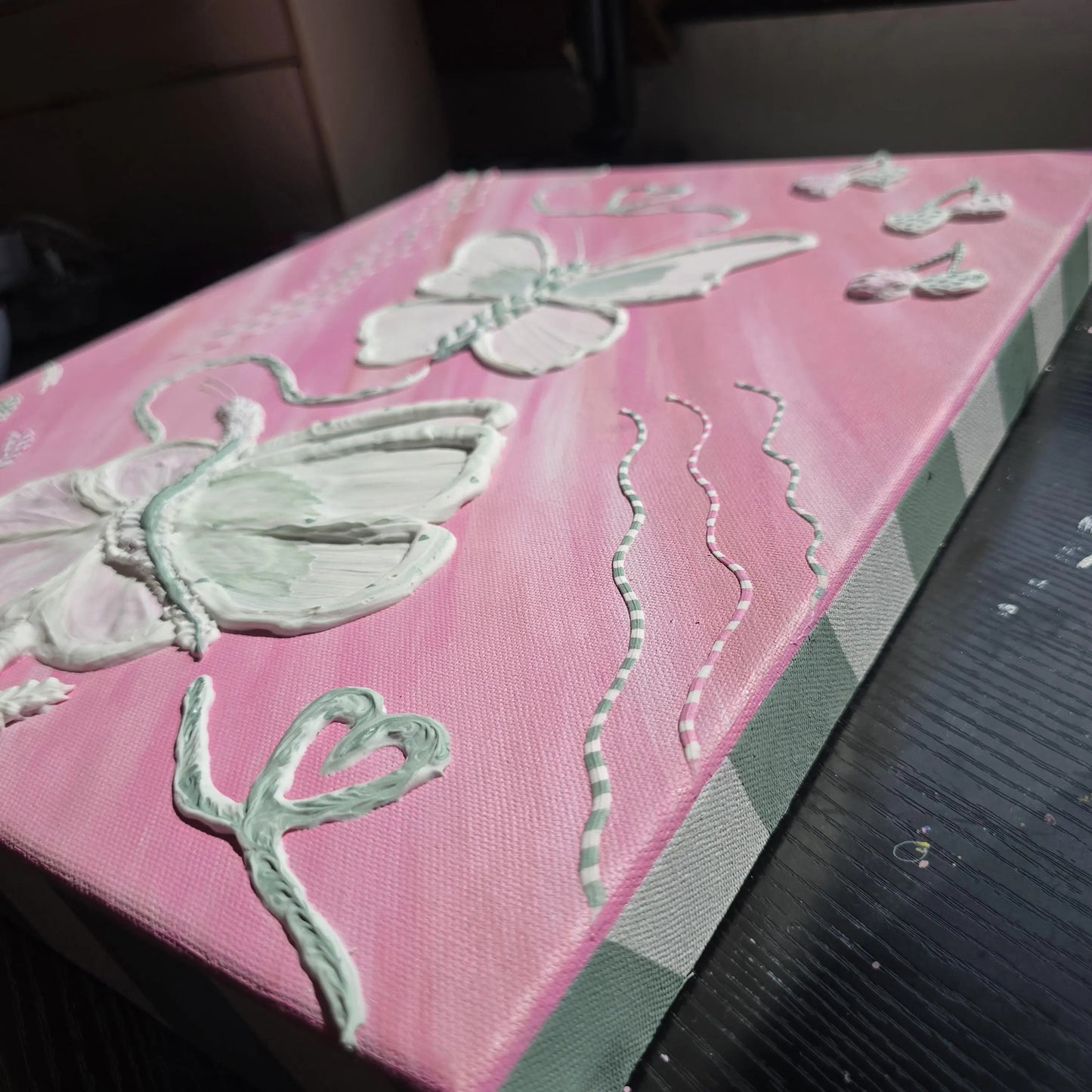 Original Pink Painting with 3D Butterflies and Other Elements