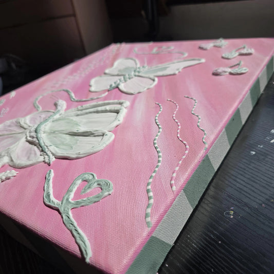 Original Pink Painting with 3D Butterflies and Other Elements