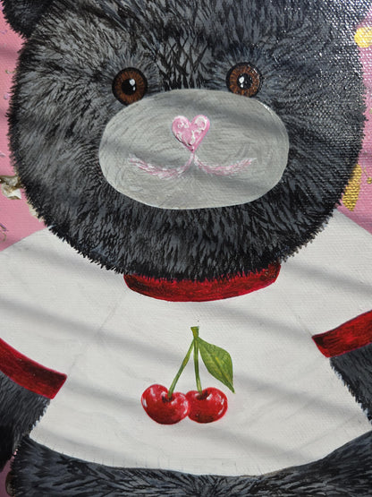 Original black teddy bear painting on pink background