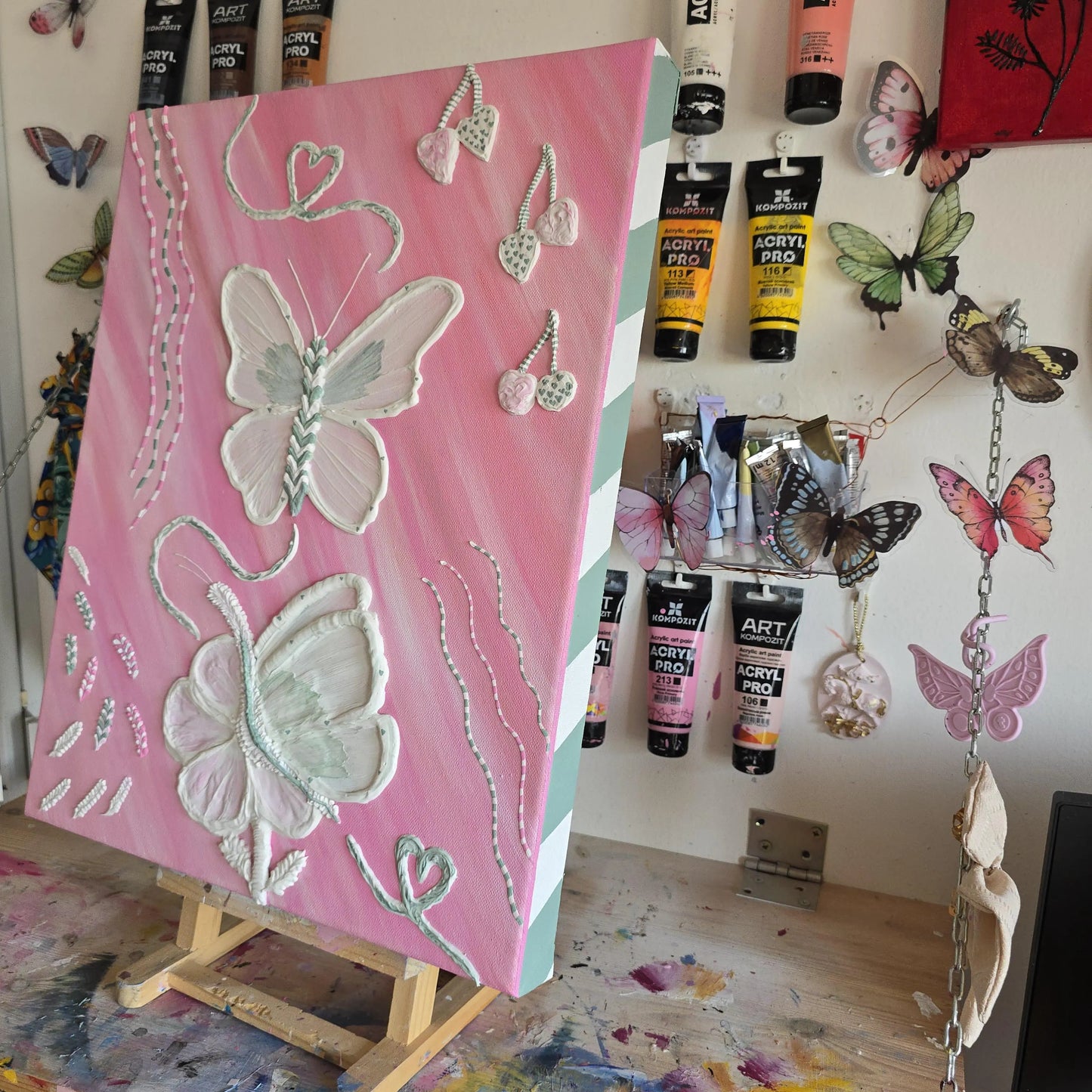 Original Pink Painting with 3D Butterflies and Other Elements