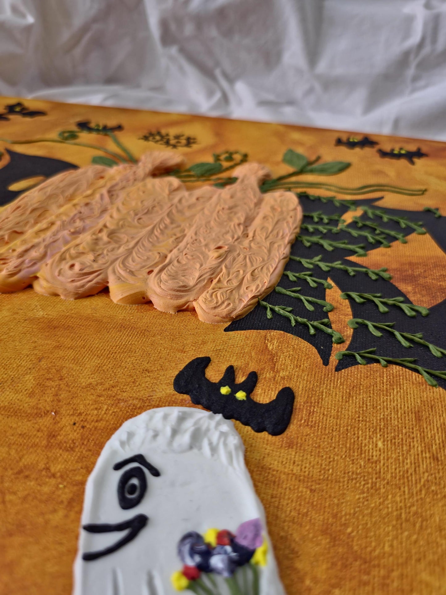 3D Halloween Painting: Spooky Pumpkin, Ghost & Bat Acrylic Art (40x50cm)