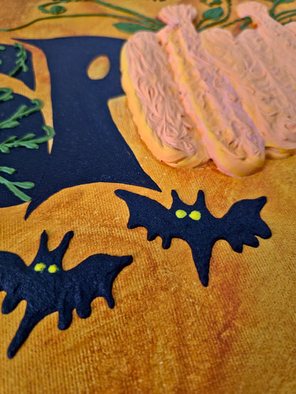 3D Halloween Painting: Spooky Pumpkin, Ghost & Bat Acrylic Art (40x50cm)