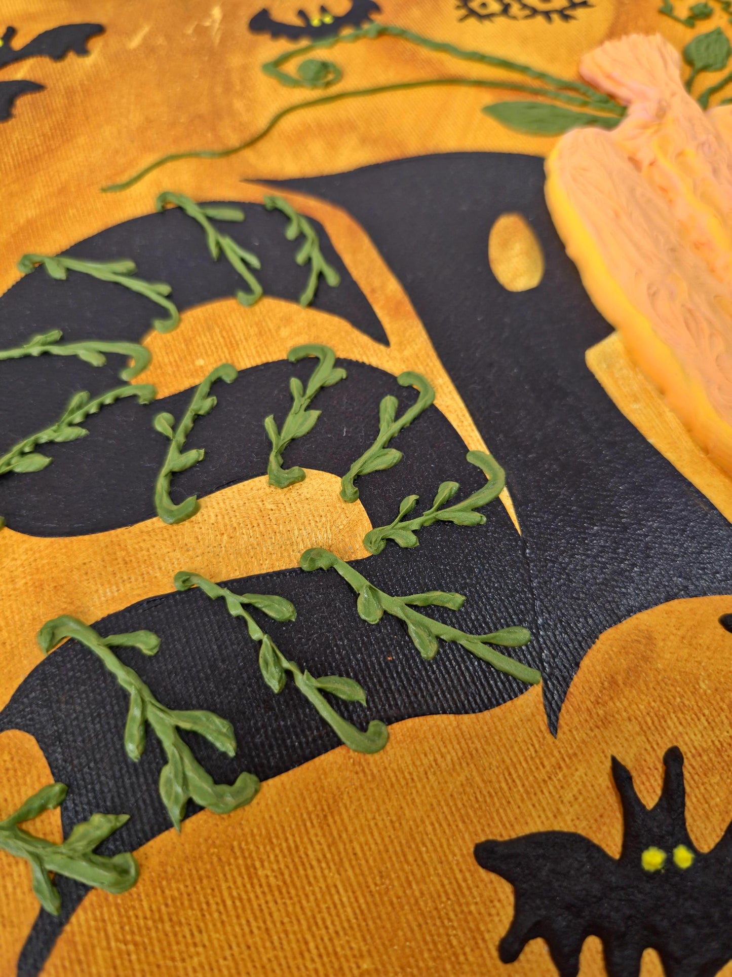3D Halloween Painting: Spooky Pumpkin, Ghost & Bat Acrylic Art (40x50cm)