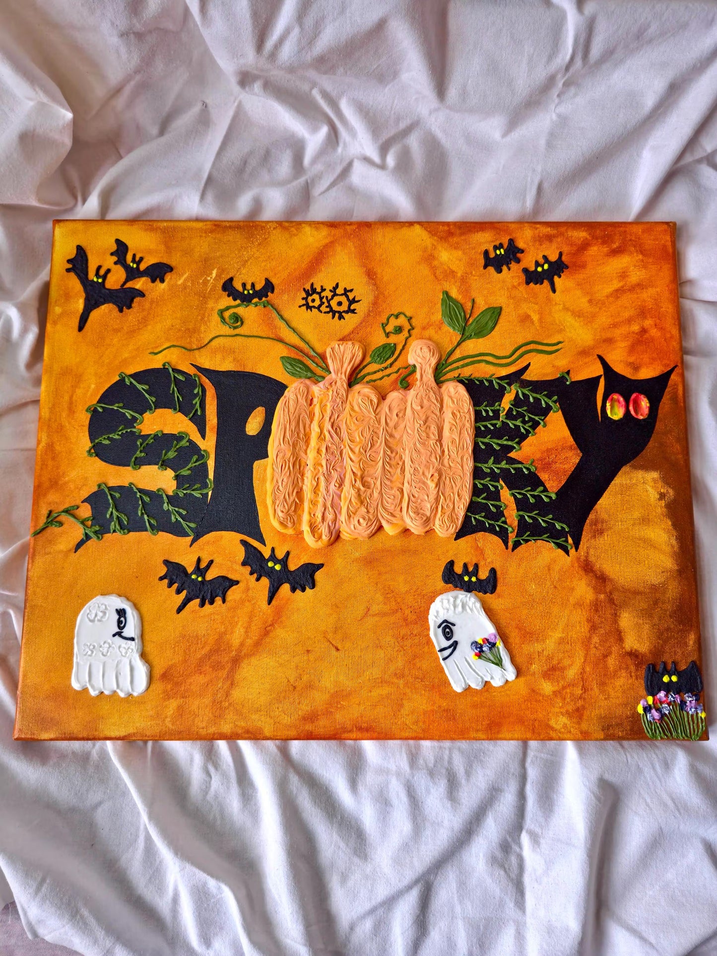 3D Halloween Painting: Spooky Pumpkin, Ghost & Bat Acrylic Art (40x50cm)