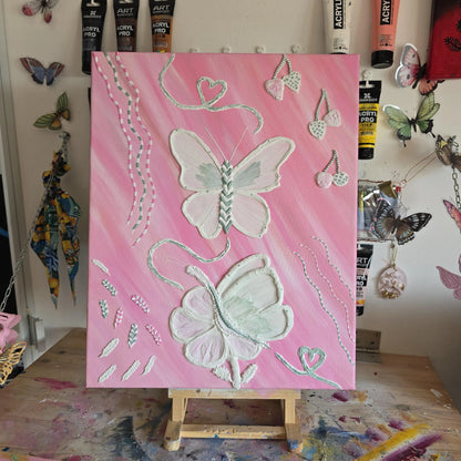 Original Pink Painting with 3D Butterflies and Other Elements