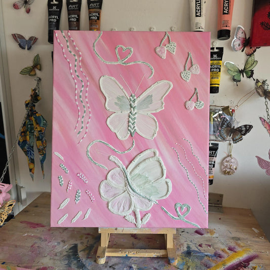 Original Pink Painting with 3D Butterflies and Other Elements