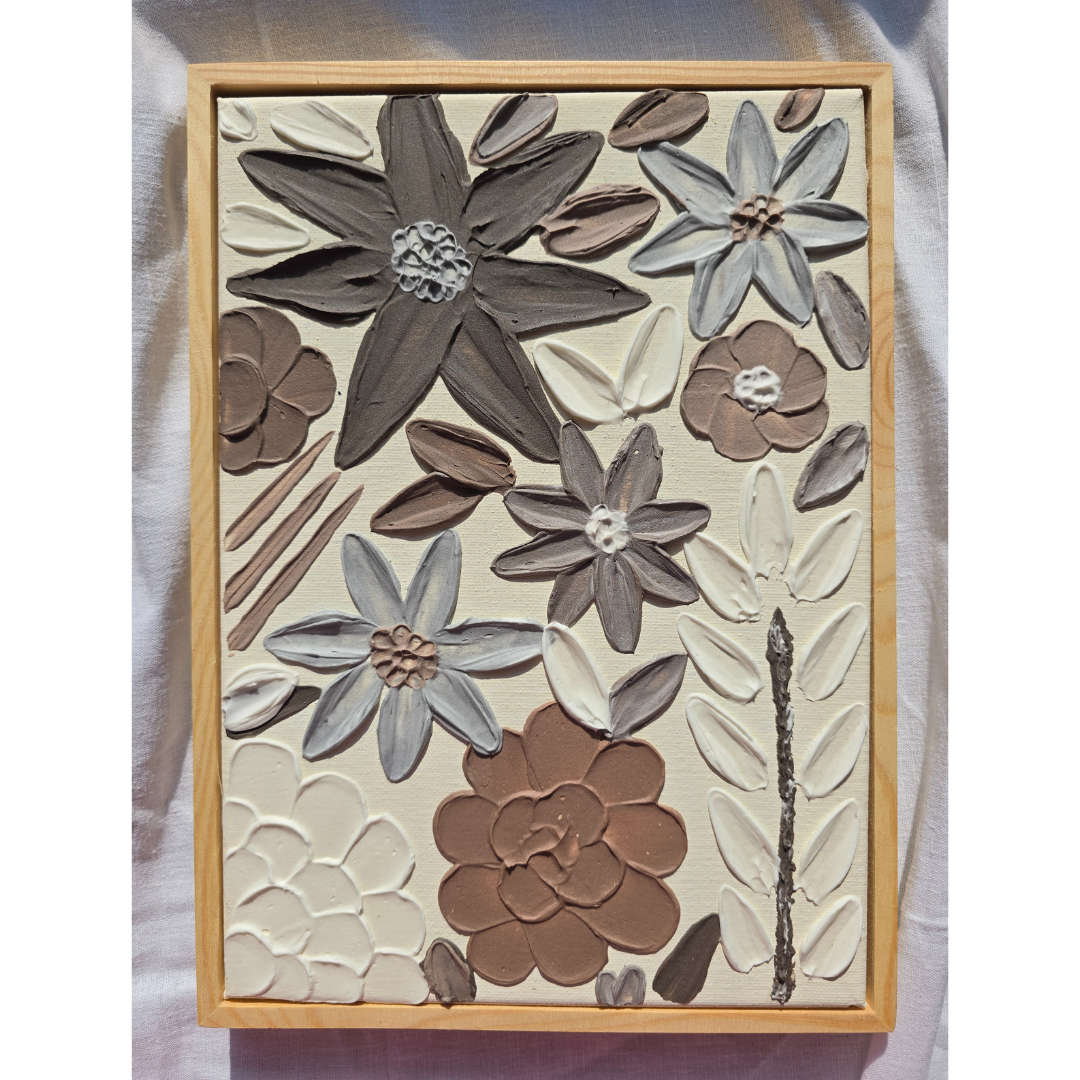 3D Textured Flower Painting: Neutral Acrylic Art on Framed Canvas
