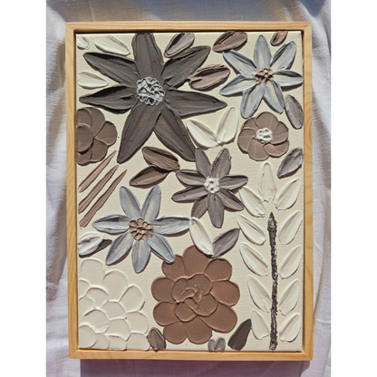 3D Textured Flower Painting: Neutral Acrylic Art on Framed Canvas
