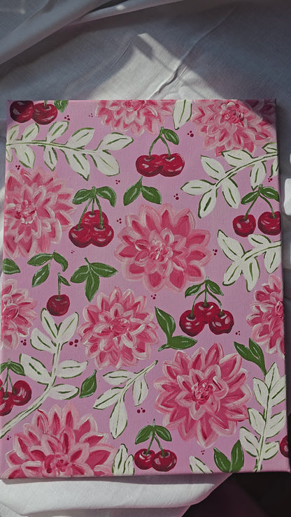 Pink Flowers & Cherries Acrylic Painting on Canvas (30x40cm)