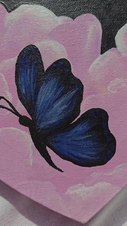 Heart Shaped Butterfly Painting: Black and Pink Acrylics on Canvas