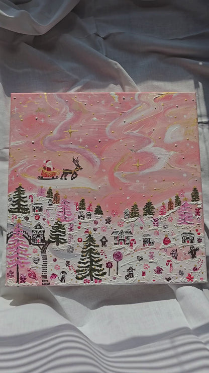 Pink Christmas Painting: 3D Snow, Santa, Gingerbread Village