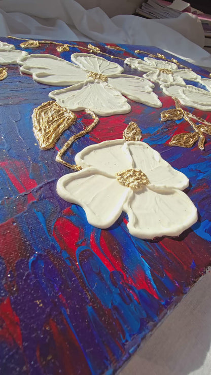 Textured White Flower Painting: Gold Leaf Accent, Blue Red Art (40x50cm)