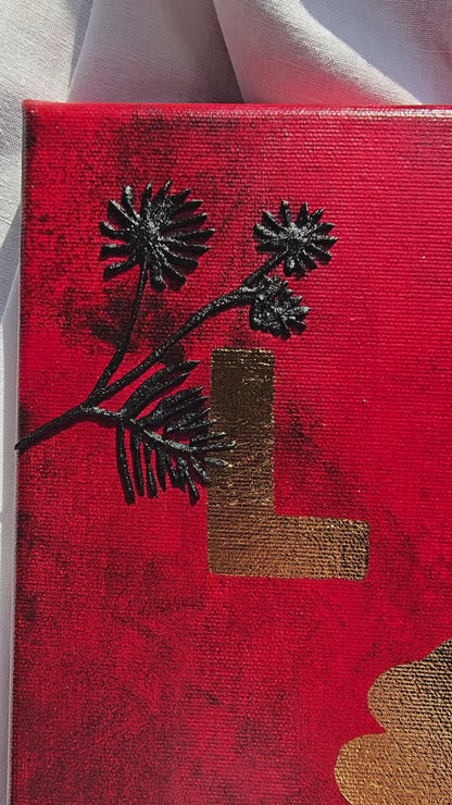 Gold Leaf LOVE Painting: Red & Black Floral Canvas Art (30x40cm)