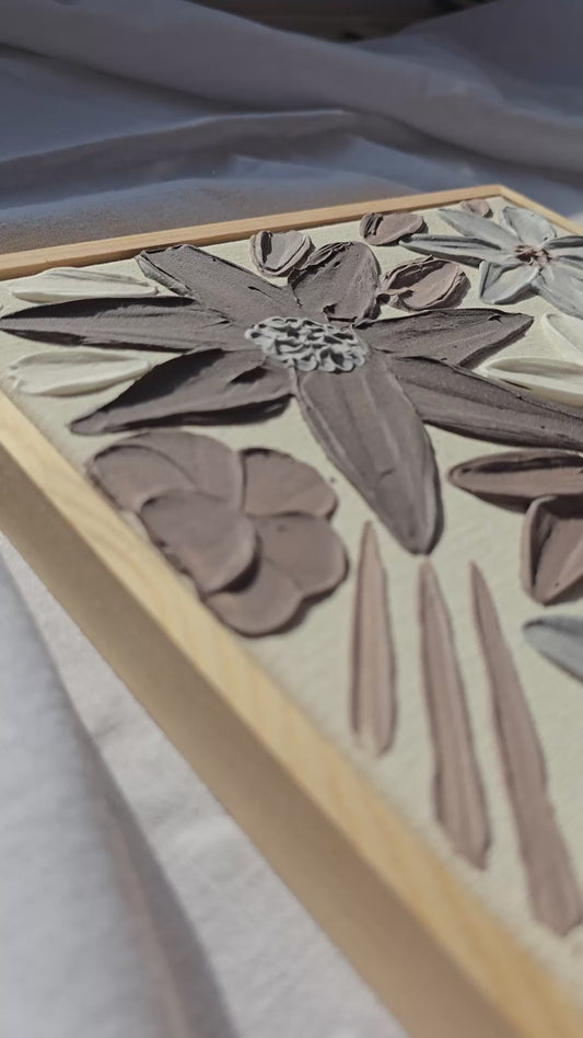 3D Textured Flower Painting: Neutral Acrylic Art on Framed Canvas