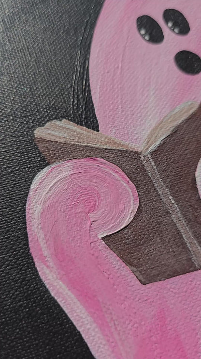 Cute & Creepy Pink Ghost Holding Mini Book – Original Art