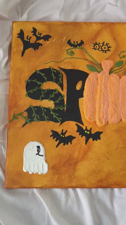 3D Halloween Painting: Spooky Pumpkin, Ghost & Bat Acrylic Art (40x50cm)