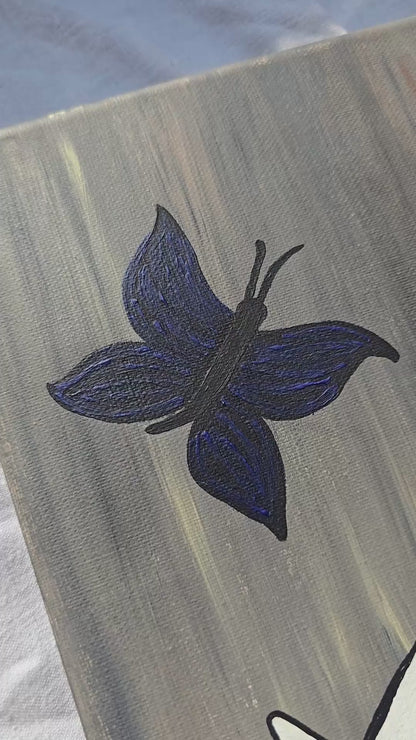 Floral Acrylic Painting: White Flowers, Black-Blue Butterfly on Canvas