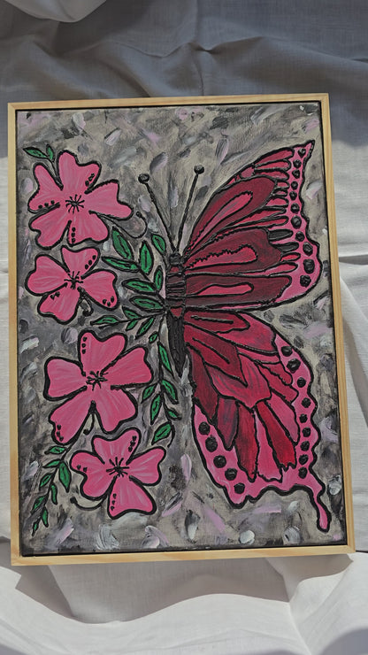Textured Butterfly Flower Painting: 3D Acrylic Art on Canvas (30x40 cm)