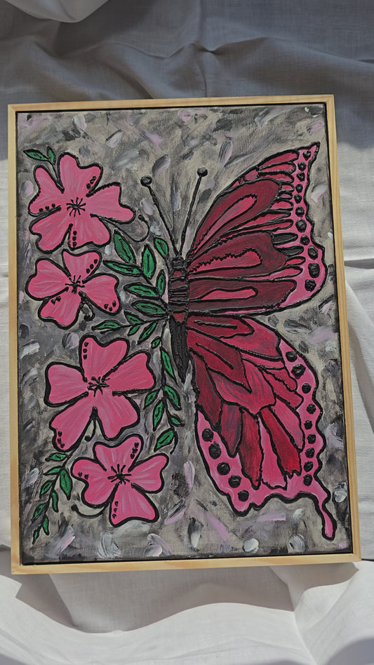 Textured Butterfly Flower Painting: 3D Acrylic Art on Canvas (30x40 cm)